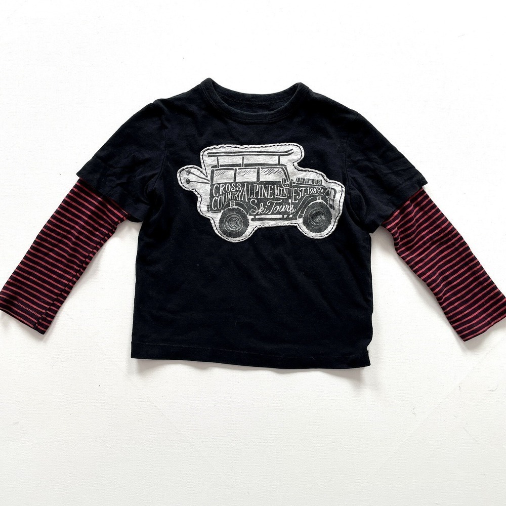 Baby Gap Boys 5 Black Graphic Tee Layered Striped Long Sleeve Skis Toddler Top